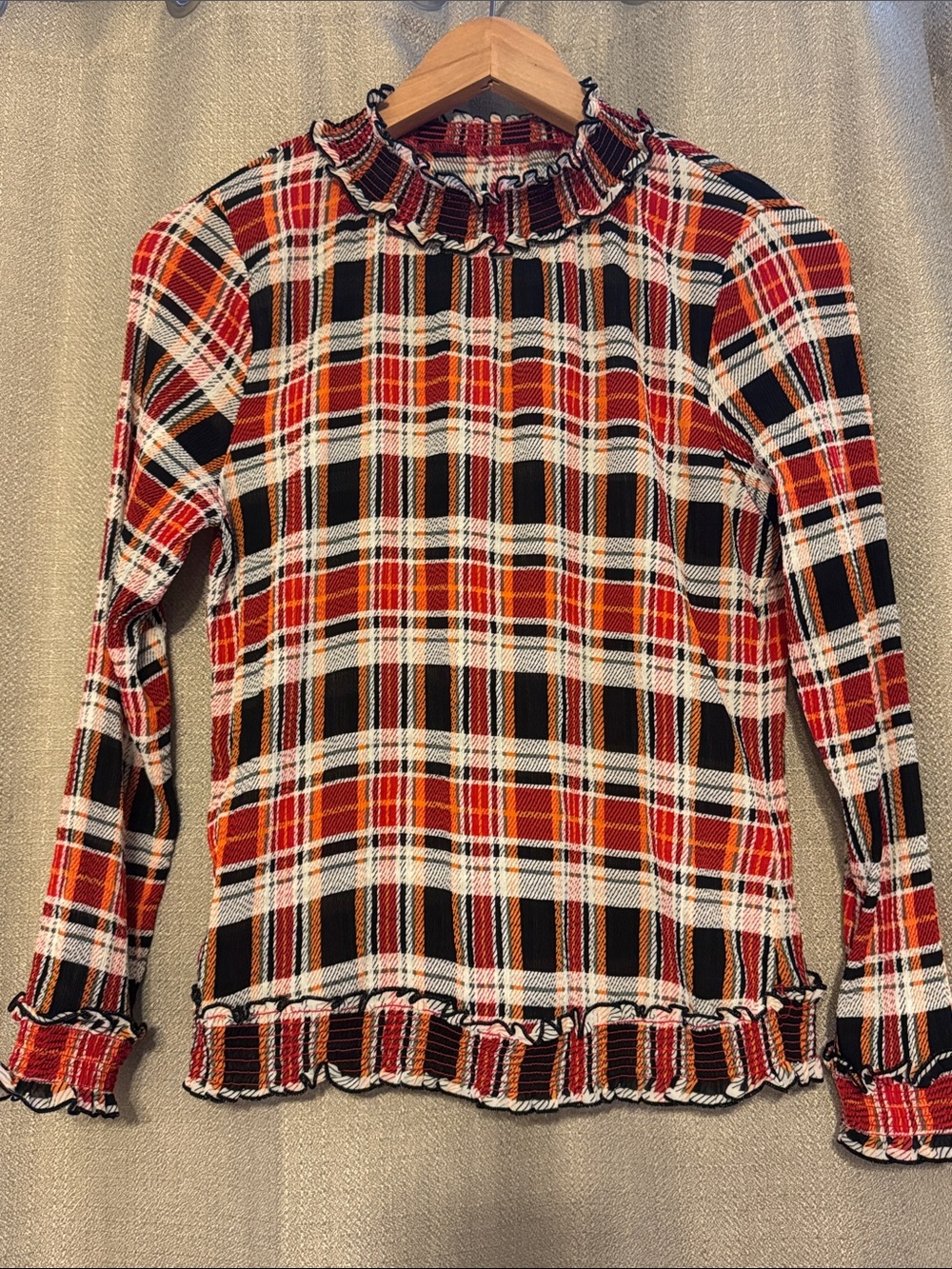 Red Plaid Ruffle-Trim Long Sleeve Top